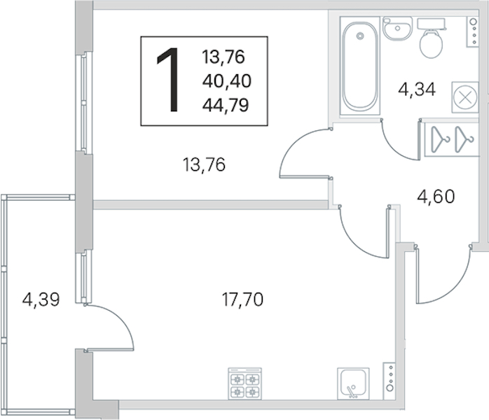 1-комнатная квартира 40.4 м², 1/4 эт., ЖК «Любоград в Стрельне»